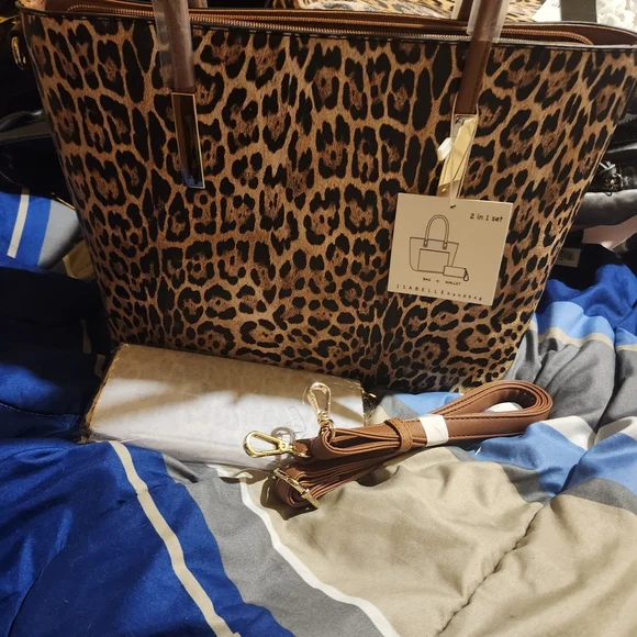 Leopard Print Tote Bag with Brown Accents - Picture 1 of 5